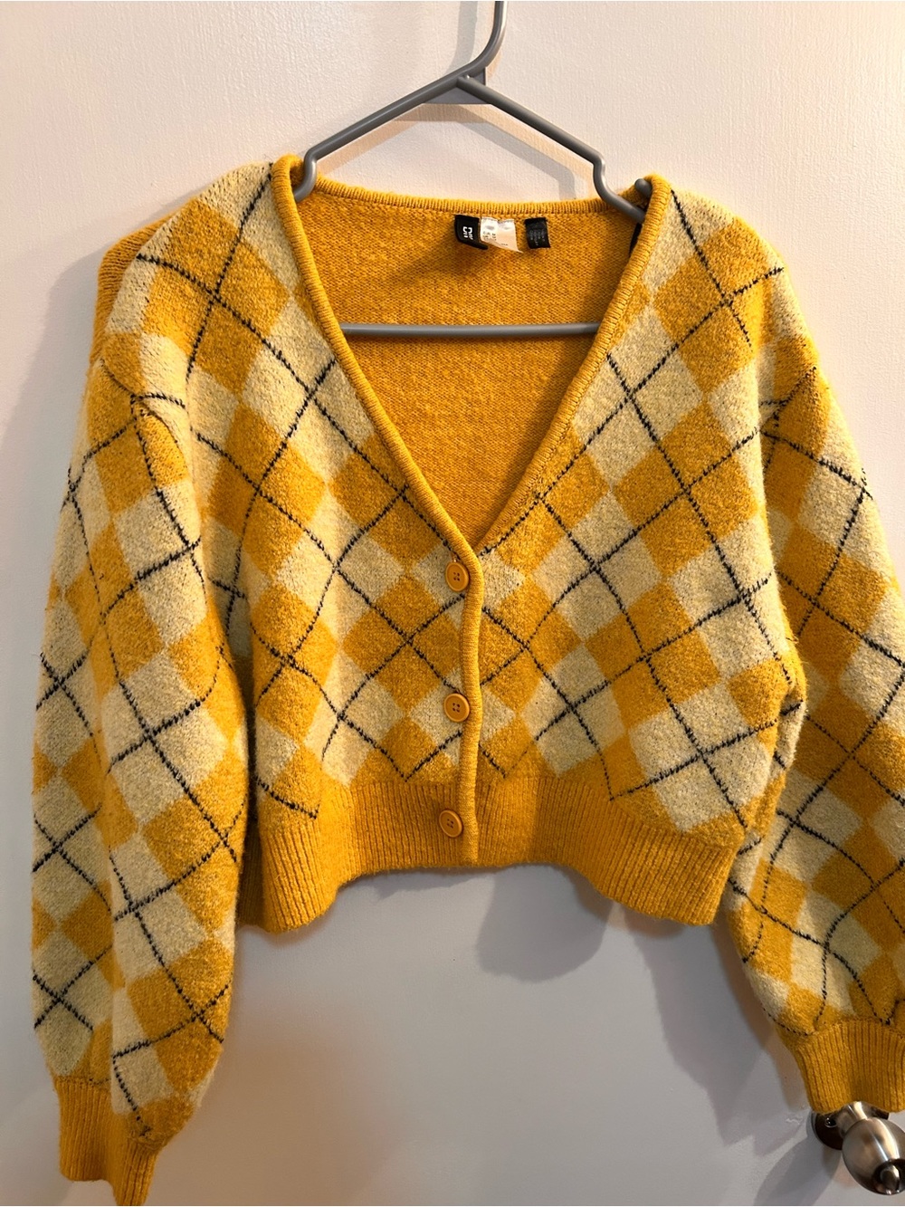 Cozy Yellow Argyle V-Neck Button Cardigan - Women Sweaters